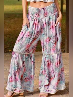 Sacred Threads Pink & Teal Floral Wide-Leg Pants